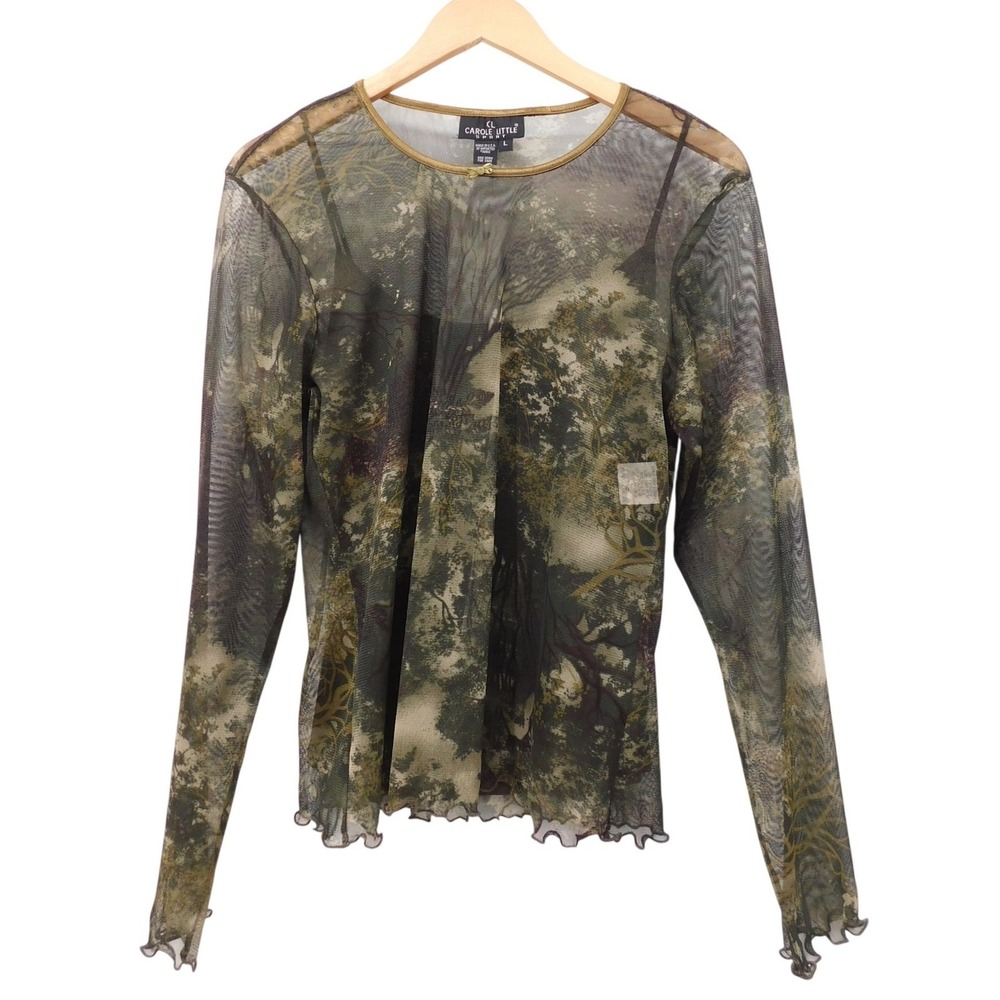Vintage Carole Little Sport Vintage Mesh Forest Print Top Green Sheer Size L